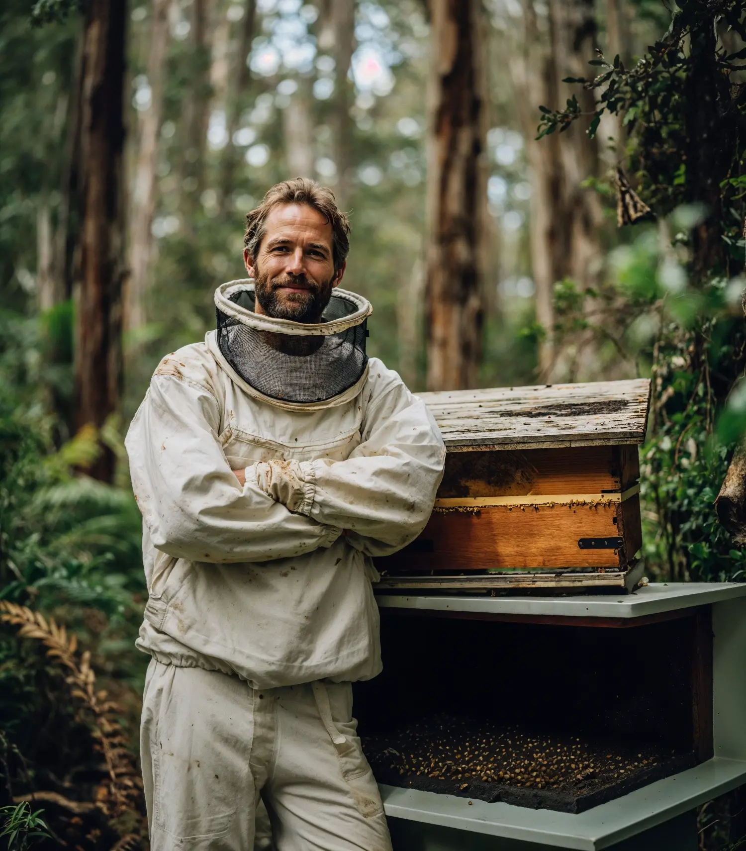 Imker steht zufrieden neben seinen Bienenstock