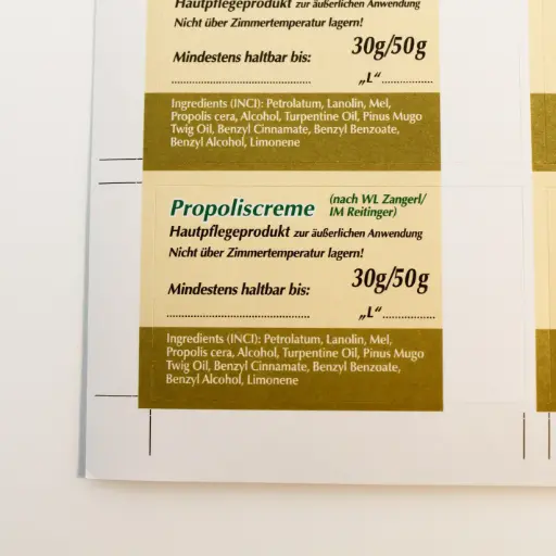 Propoliscreme-Etiketten Rezeptur Reitinger/ Zangerl, 1 Bogen á 21 Stück